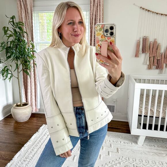 ST. JOHN Sport Leather Studded Moto Jacket White M - Picture 2 of 11